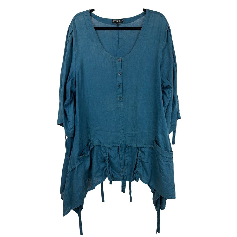 Hebbeding Blue Linen 3/4 Sleeve Scoop Neck Button Up Top Size 1